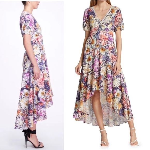 Marchesa Notte Floral Eyelet High Low Midi Dress Size 16 - Picture 2 of 16